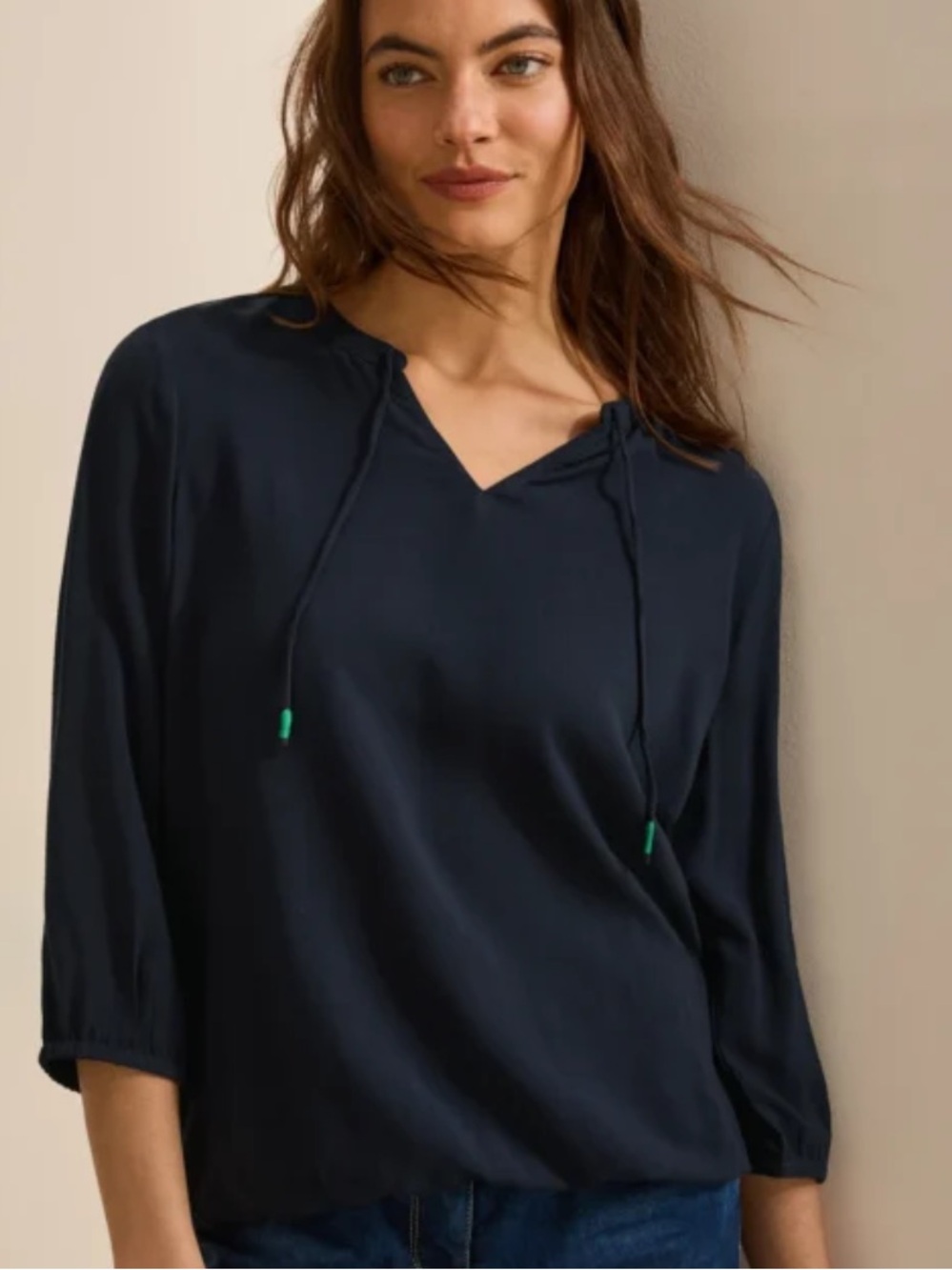 NEW Talbots Navy Blue Long Sleeve Top Shirt Cotton Modal Lace Ties Size XS